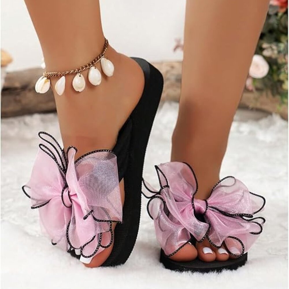 Women's Bow Flip Flops Beach Flats Sandals - Picture 2 of 5
